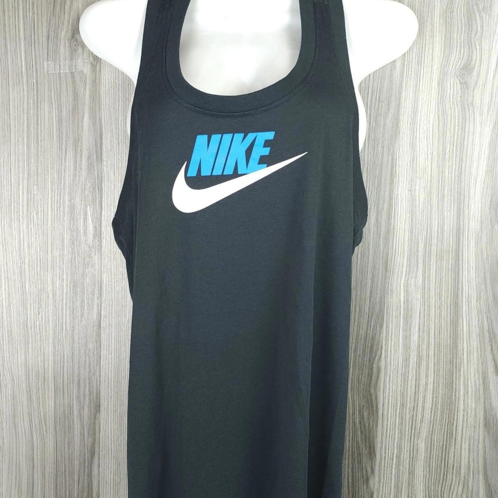 Nike Dri-FIT Racerback Tank Top Womens‎ Small Black Blue Logo Athletic Cut Tee
